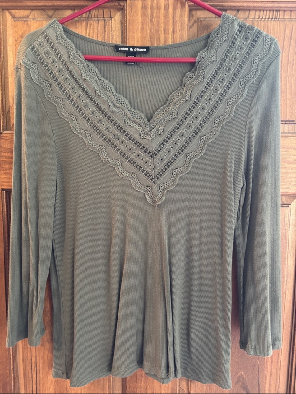 Cable & Gauge Olive Lace-Trim Long Sleeve V-Neck Top